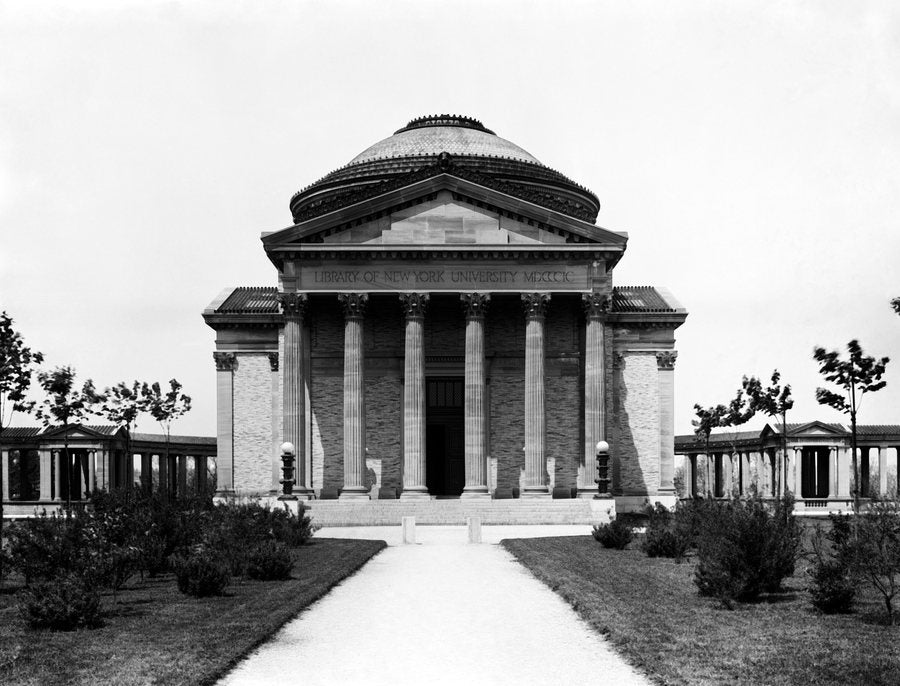 Gould Memorial Library in 1904: a domed rotunda behind a columned portico, a path through young gardens.