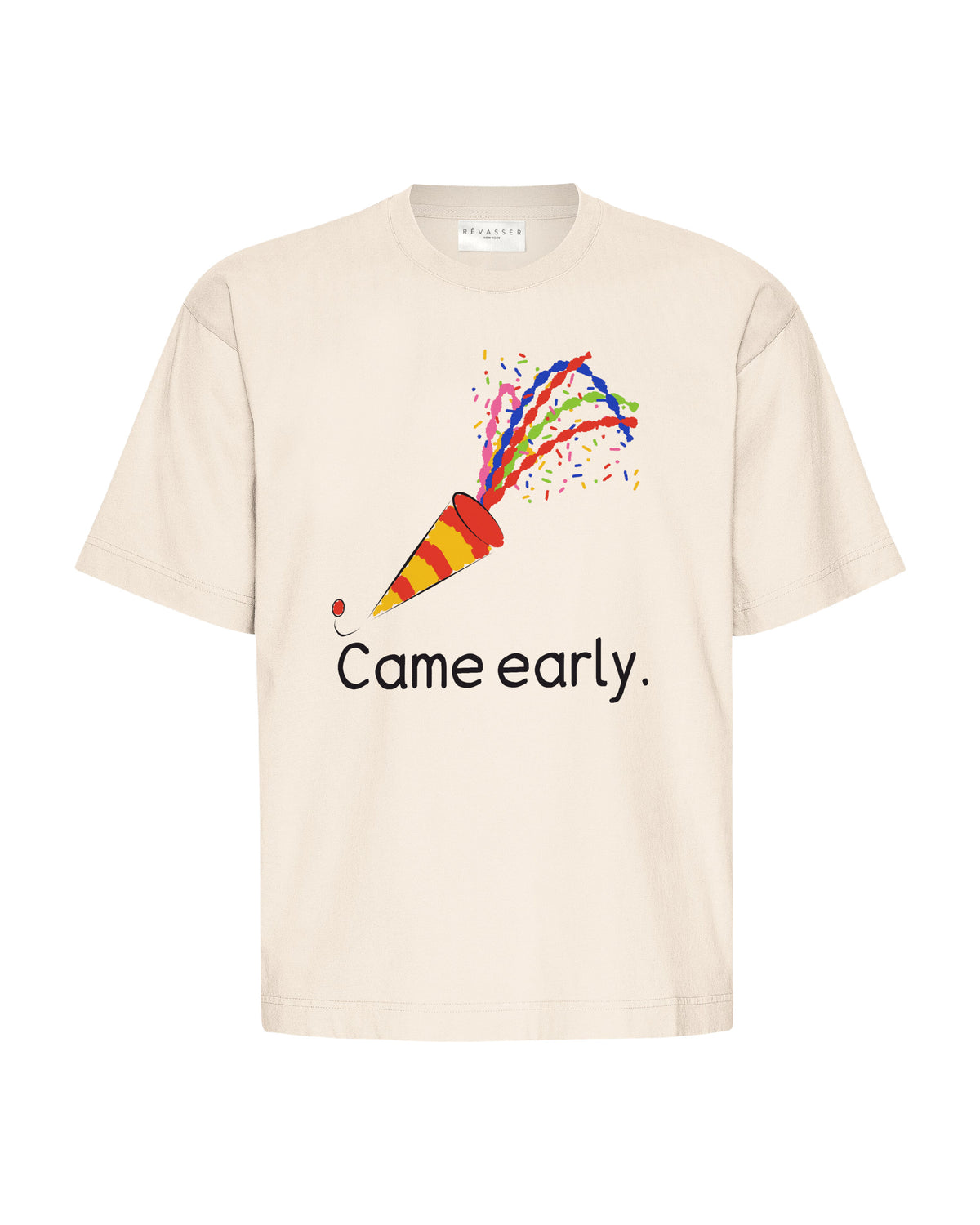 Came early., on an ivory tee