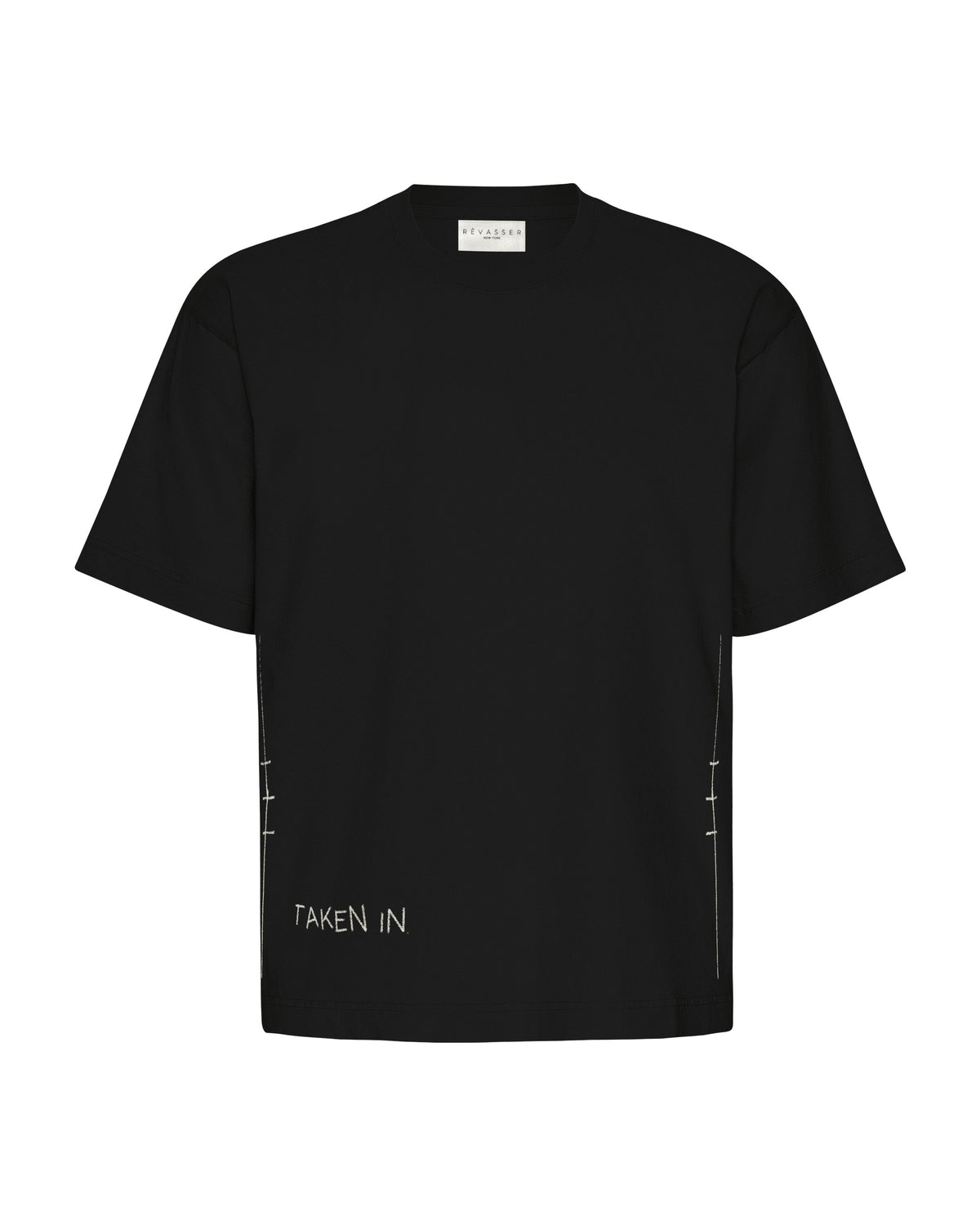 Taken in., on a black tee
