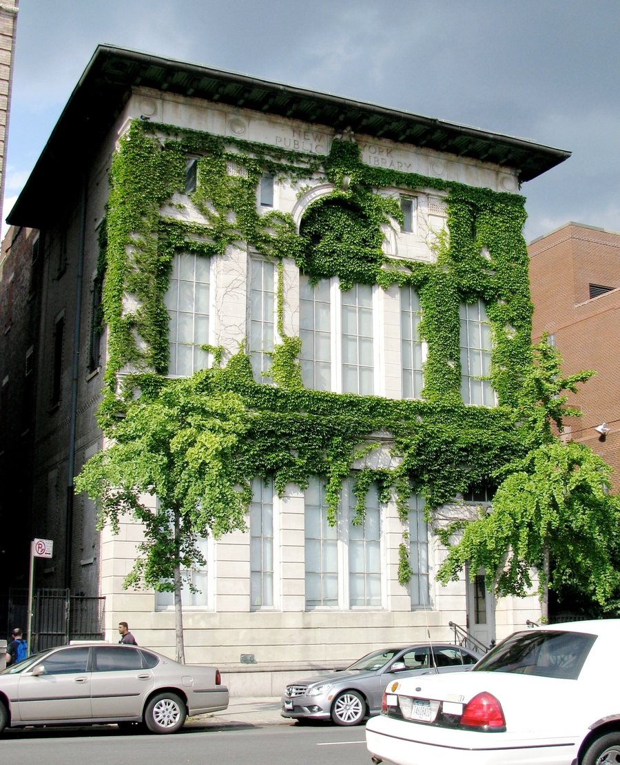 The same building in 2009, its front covered in ivy, cars parked along the curb.