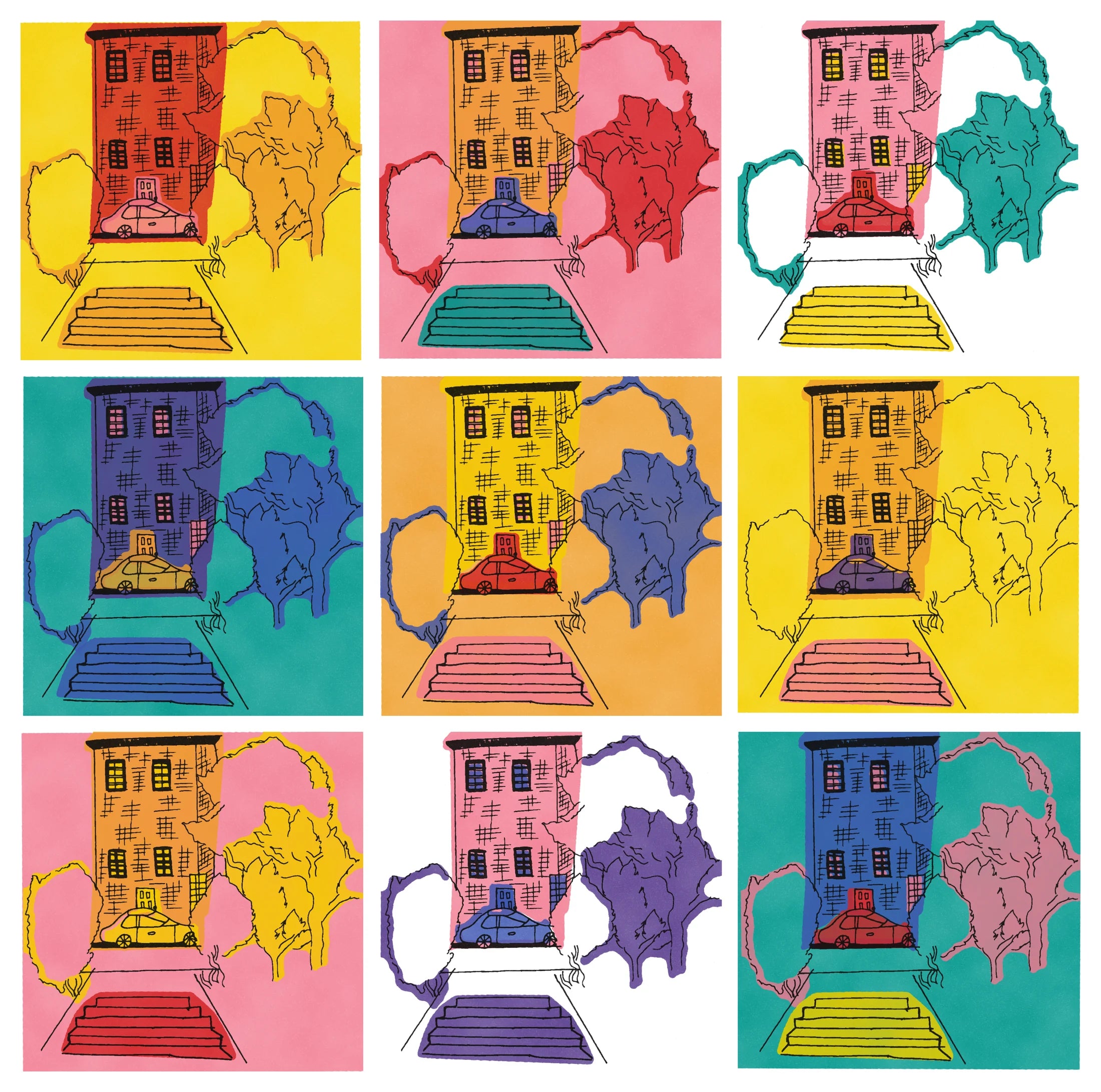 His West Village block, screen-printed nine times, a different set of inks on each
