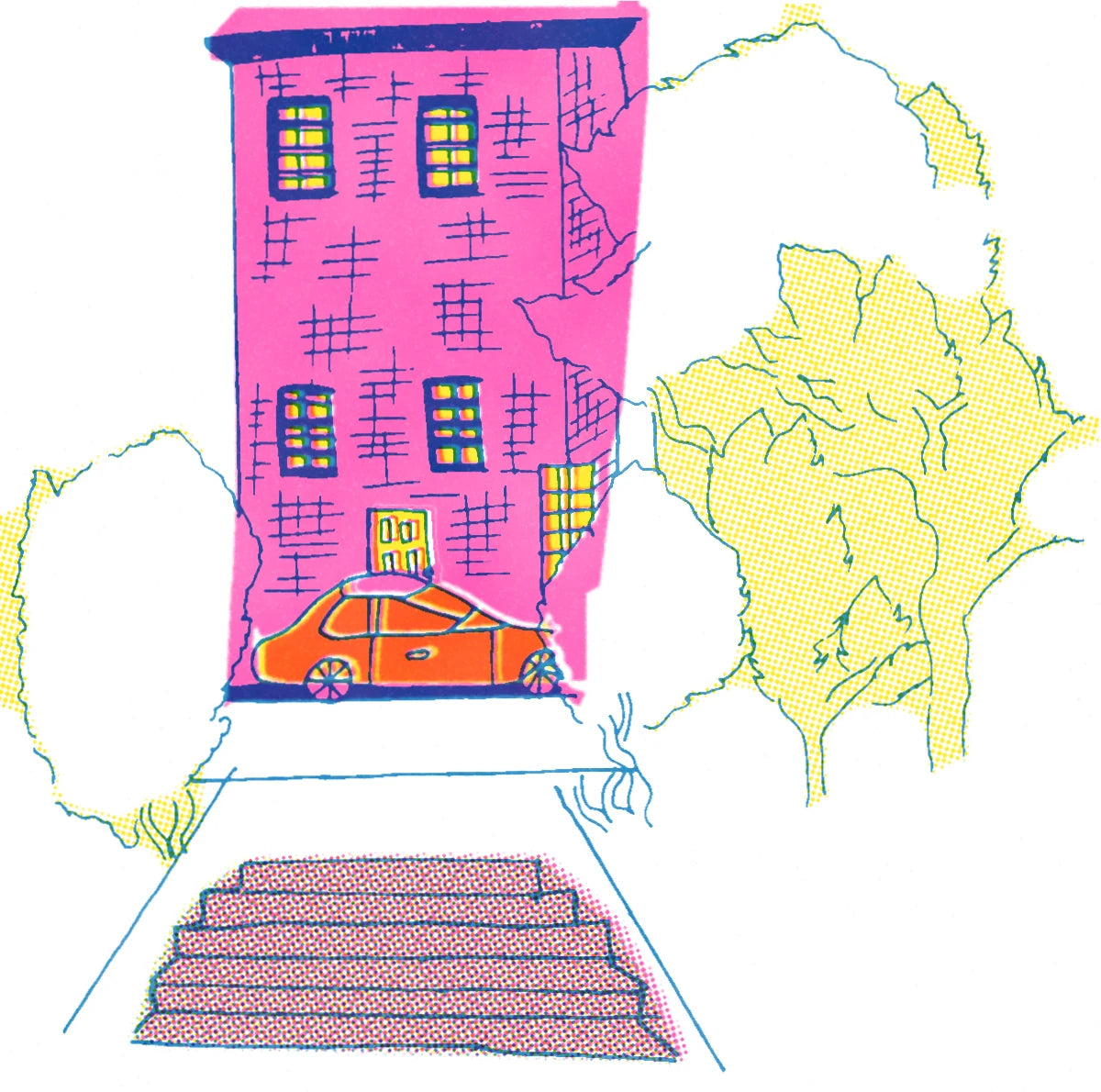 His block in yellow, fluorescent pink and blue riso