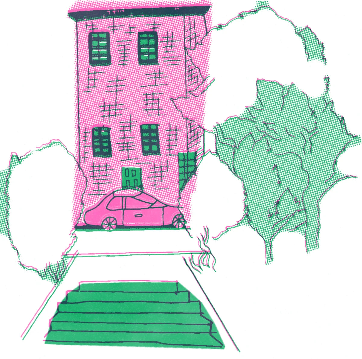 His block in fluorescent pink and green riso