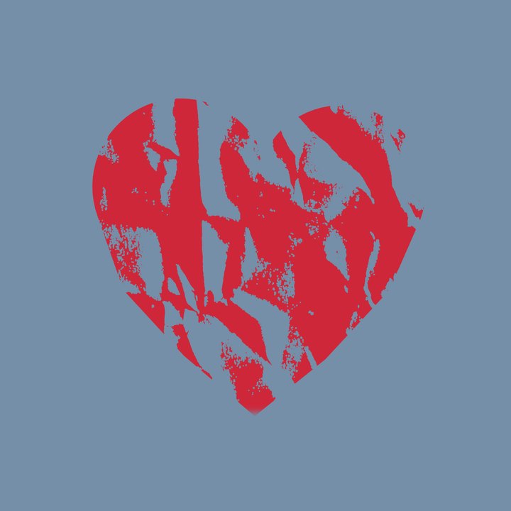 A torn red heart printed on blue